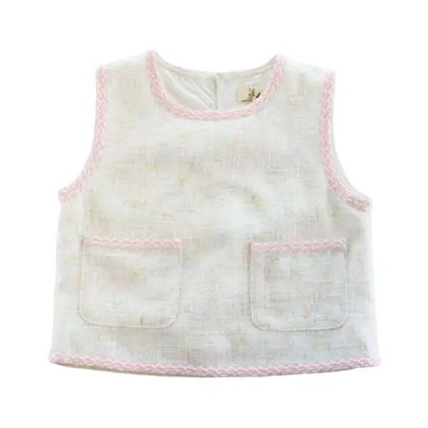 Cream Tweed vest/ pink braided trim
