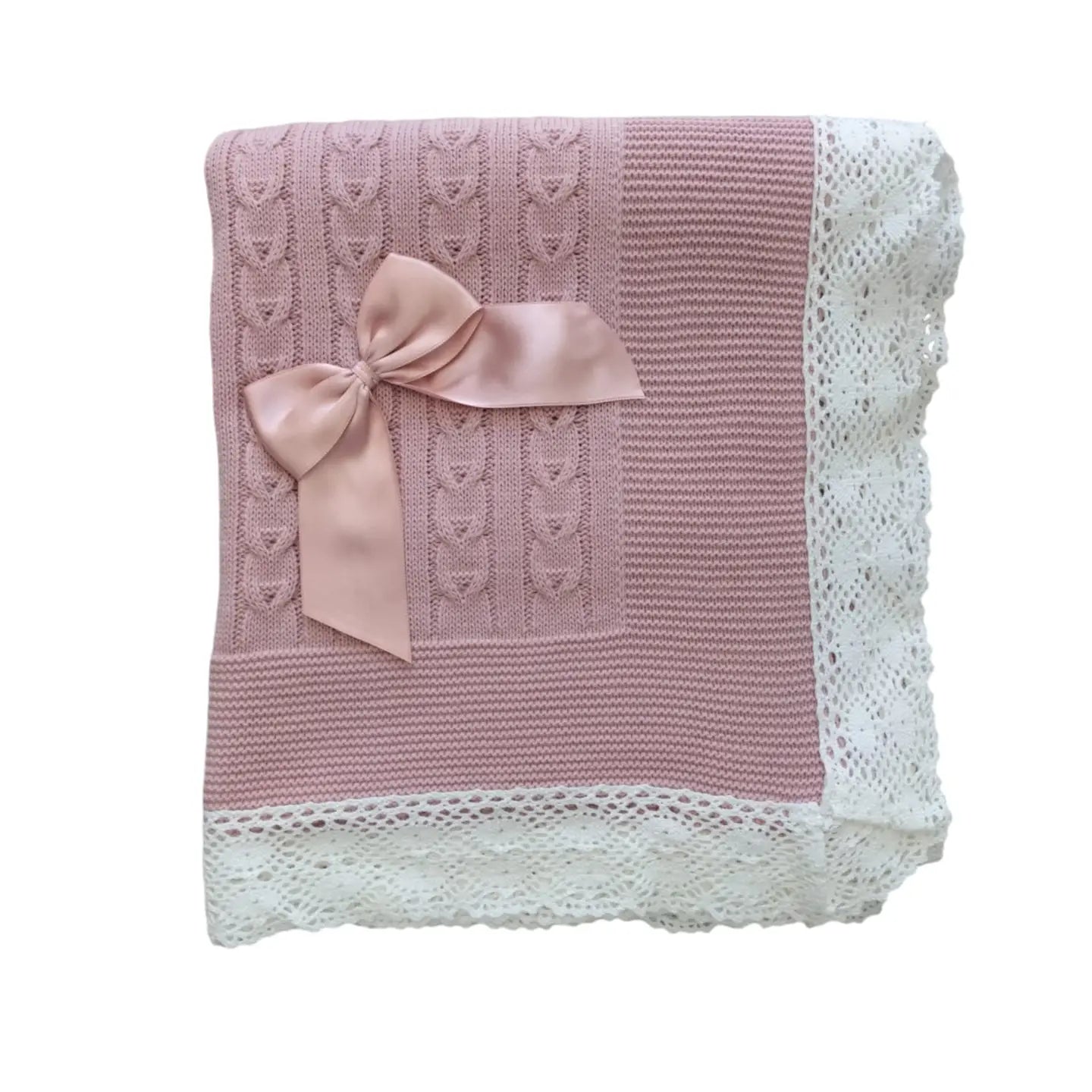 Knitted blanket with lace & bow