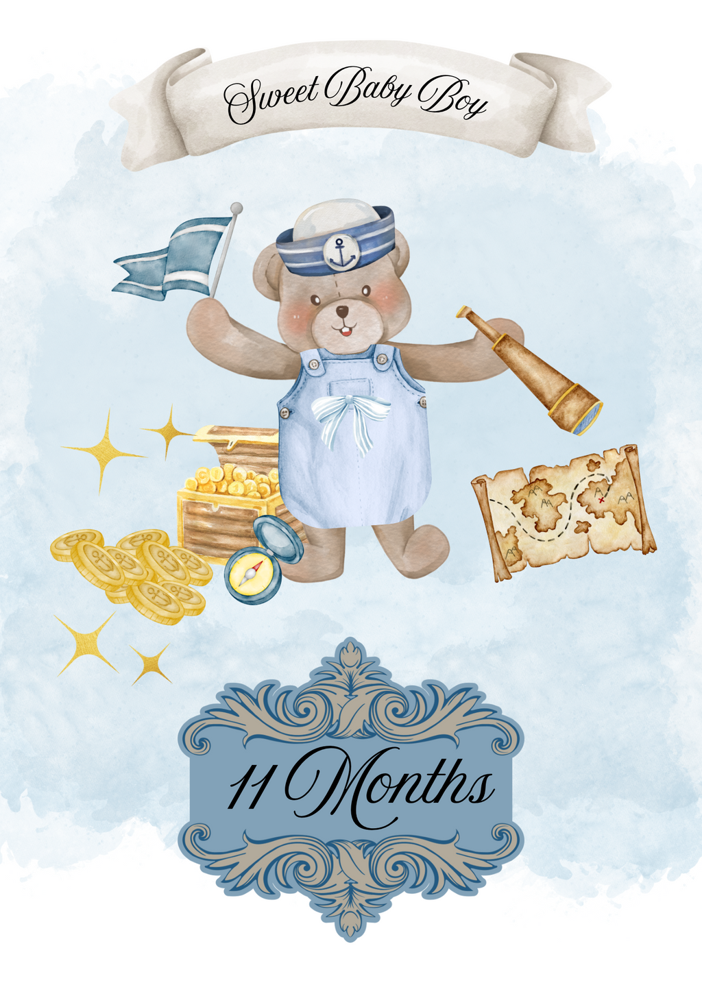 Monthly Milestone cards; watercolor design-Baby Boy