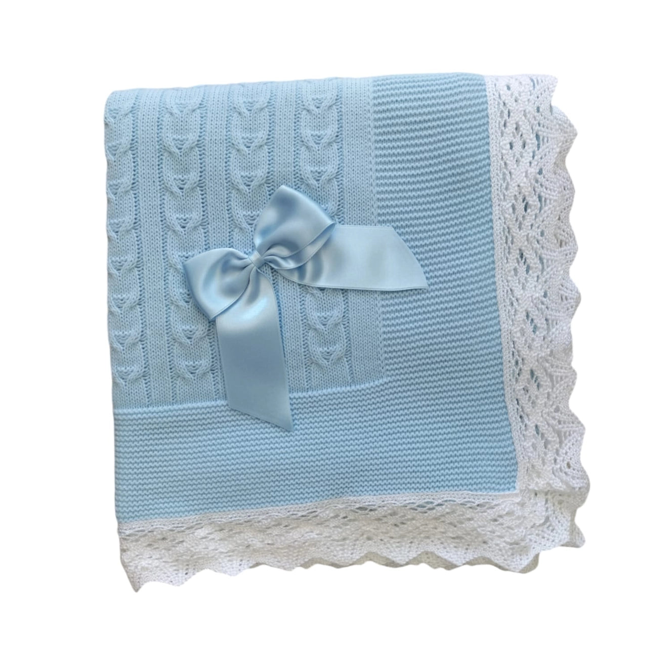 Knitted blanket with lace & bow