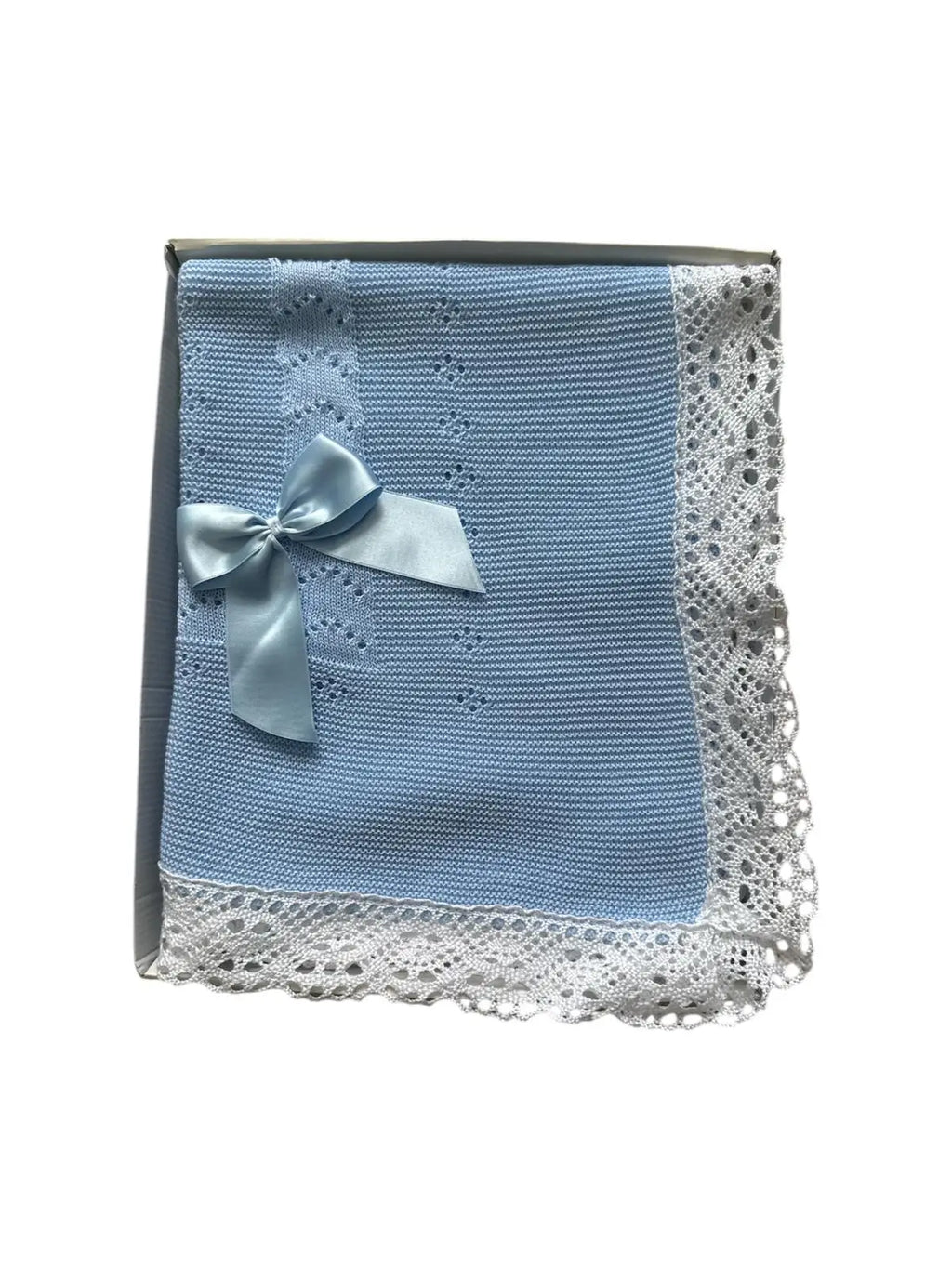 Knitted blanket with lace & bow