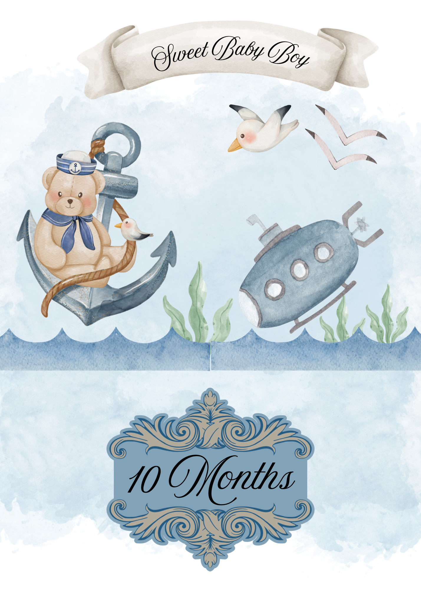 Monthly Milestone cards; watercolor design-Baby Boy
