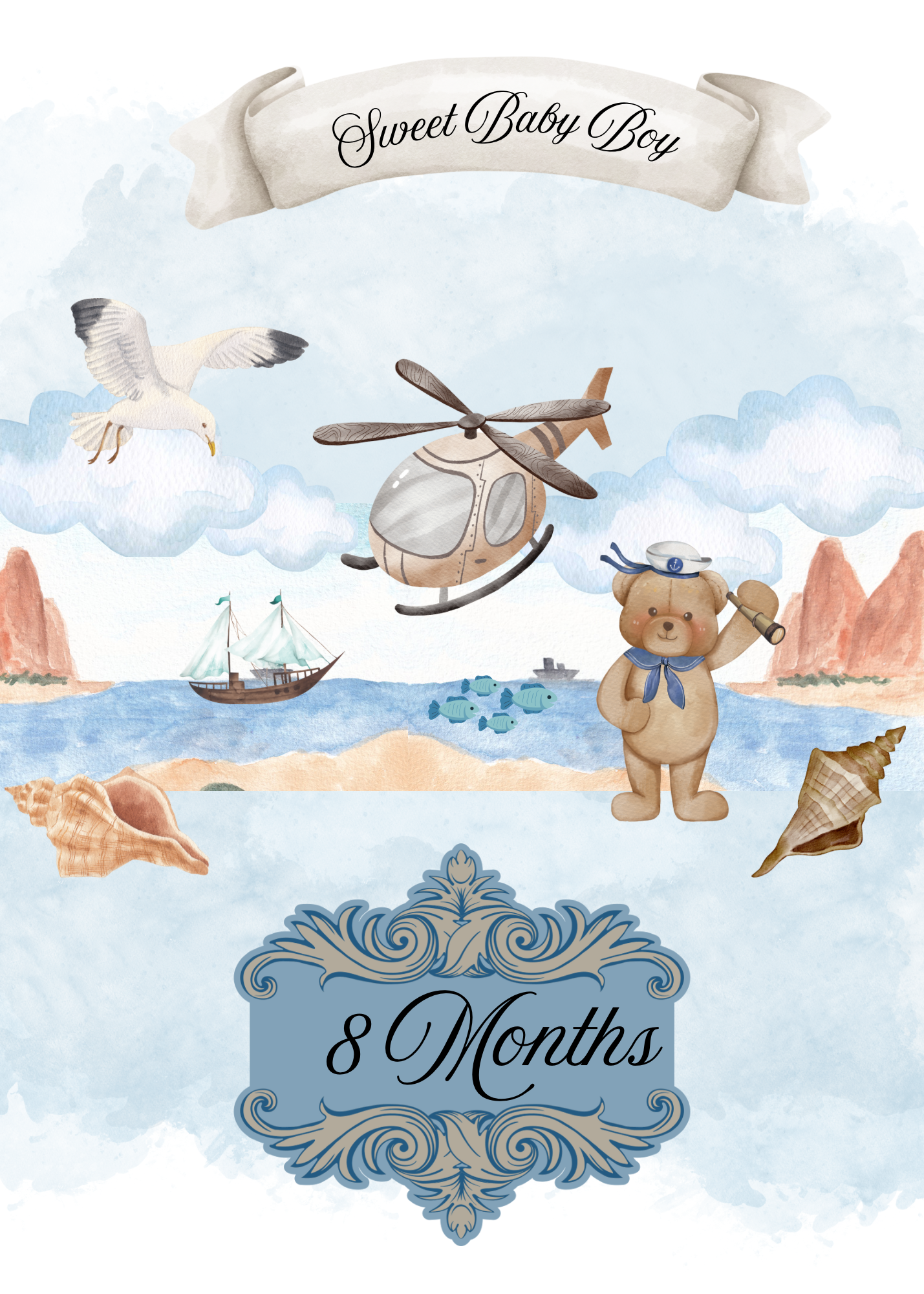 Monthly Milestone cards; watercolor design-Baby Boy