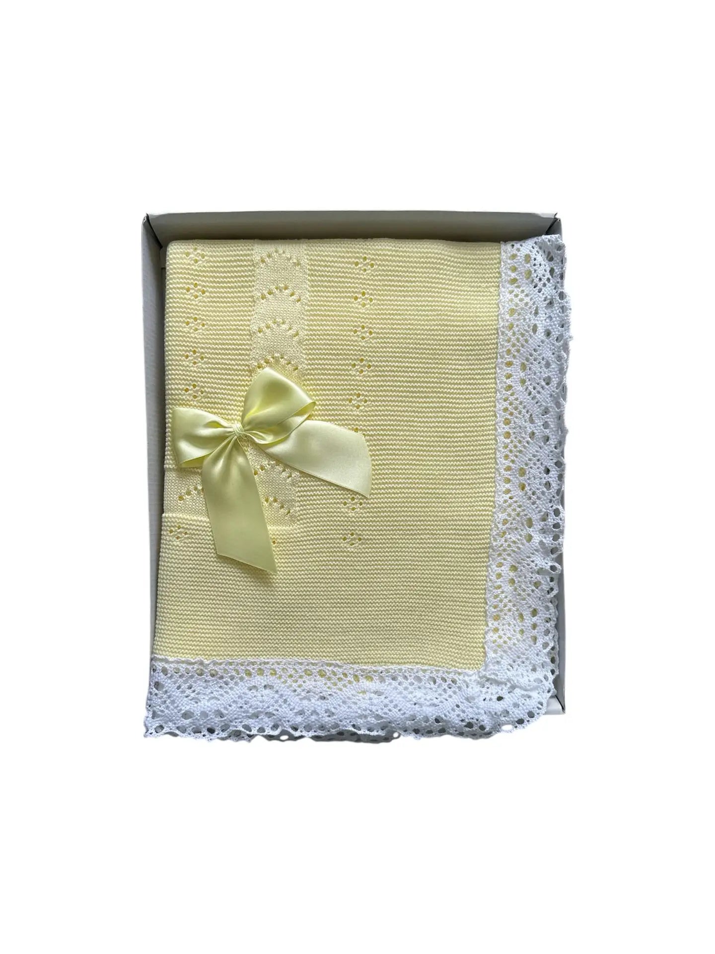 Knitted blanket with lace & bow